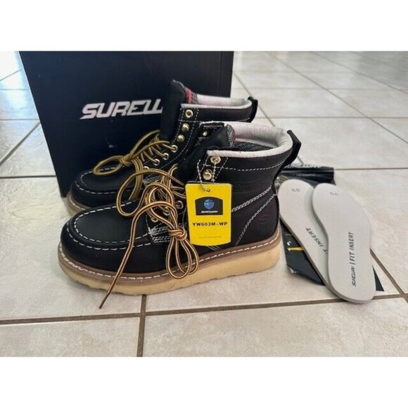 Sureway YW603M-WP Mens Black Waterproof Round Toe Lace Up Work Boots 5.5 Inserts